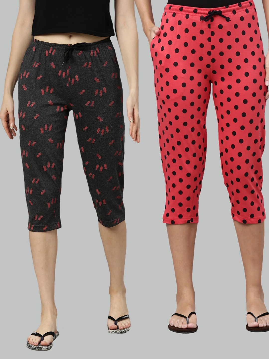 

Kryptic Women Set Of 2 Grey & Fuchsia Pink Regular Fit Printed Cotton Capris