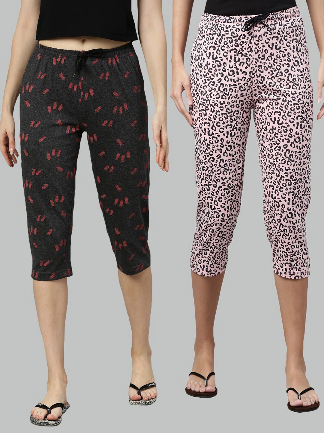 

Kryptic Women Grey & Pink Set of 2 Printed Cotton Capris