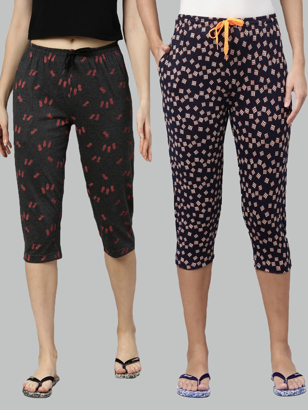 

Kryptic Women Pack of 2 Grey & Navy Blue Pure Cotton Capris