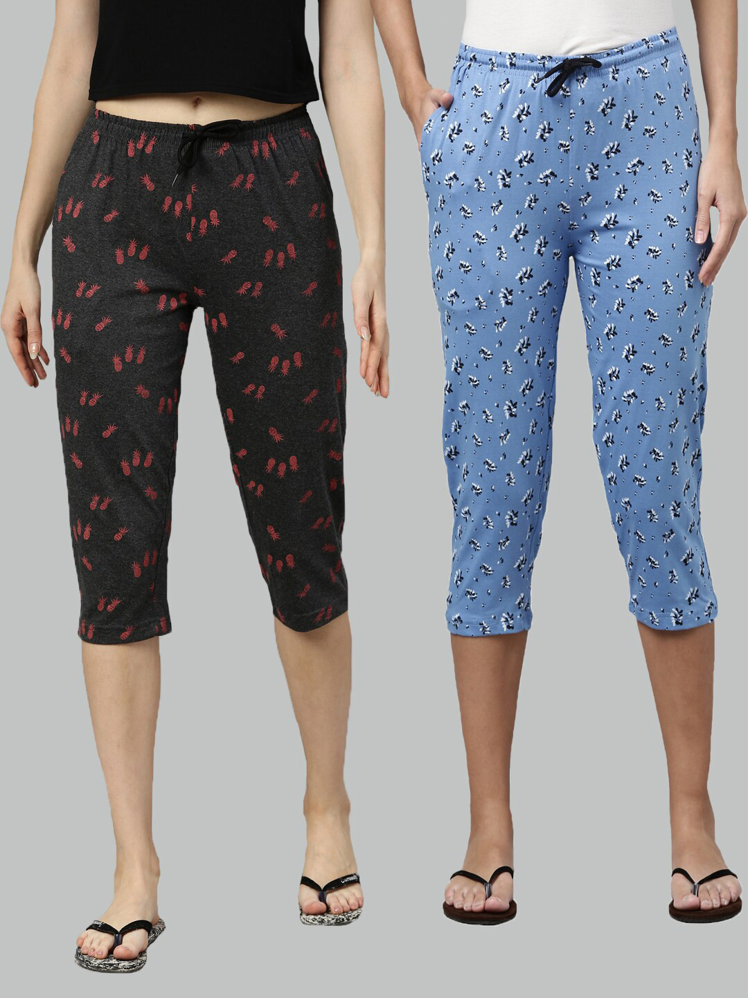 

Kryptic Women Pack Of 2 Grey & Blue Printed Pure Cotton Capris