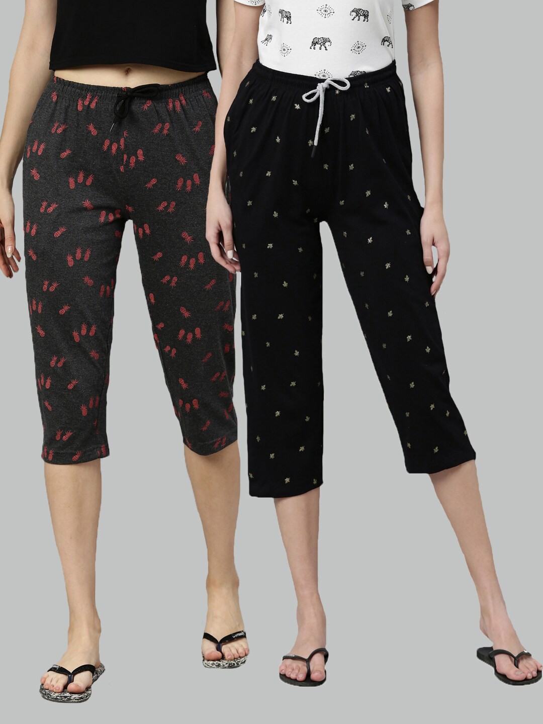 

Kryptic Women Pack Of 2 Grey & Black Printed Cotton Capris