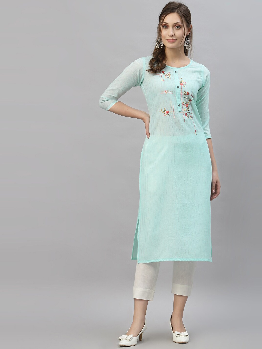 

KALINI Women Sea Green Floral Embroidered Summer Sheers Kurta