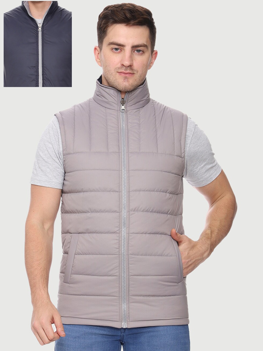 

Mark Leute Men Grey Beige Reversible Puffer Jacket