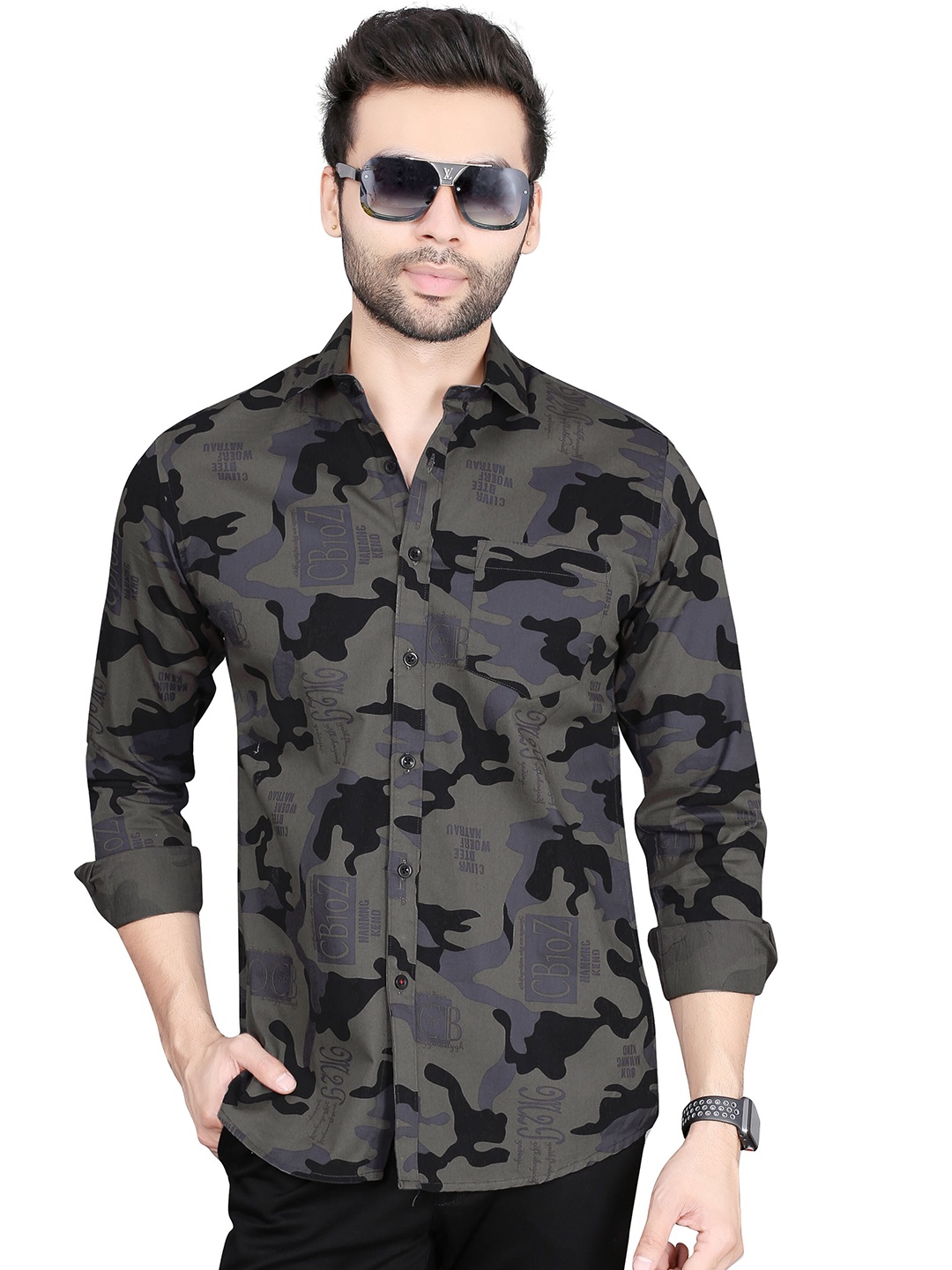 

5TH ANFOLD Men Grey Slim Fit Printed Pure Cotton Casual Shirt