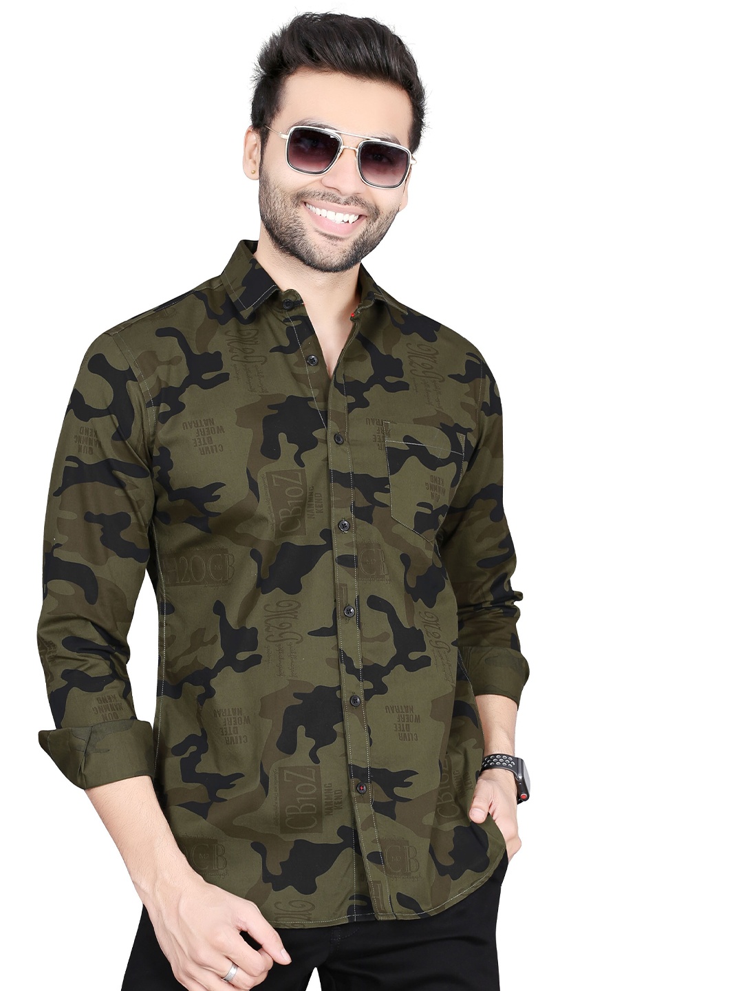 

5TH ANFOLD Men Green & Black Slim Fit Camouflage Printed Casual Shirt