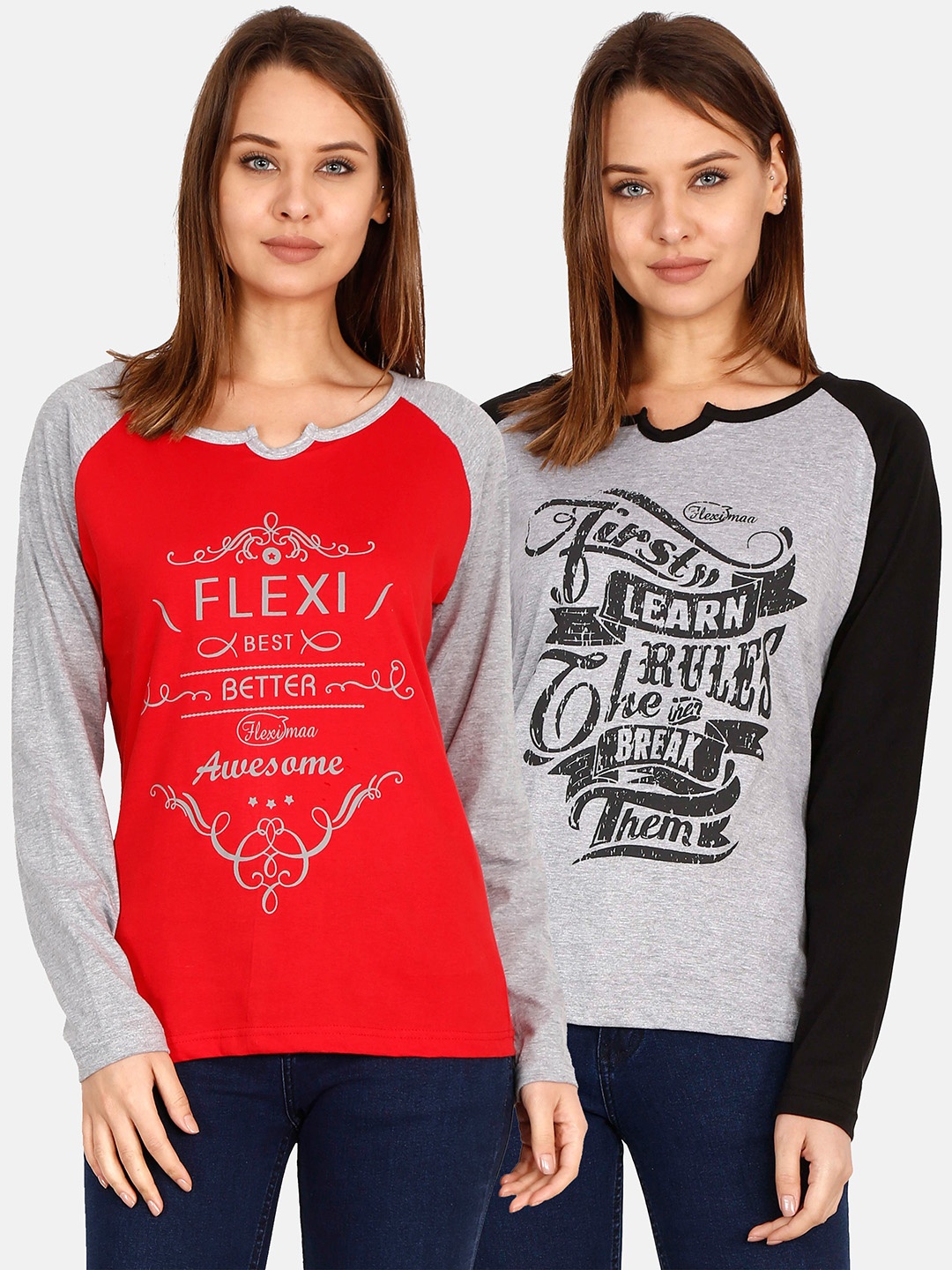 

Fleximaa Women Grey & Red Typography Set Of 2 Printed Cotton T-shirt