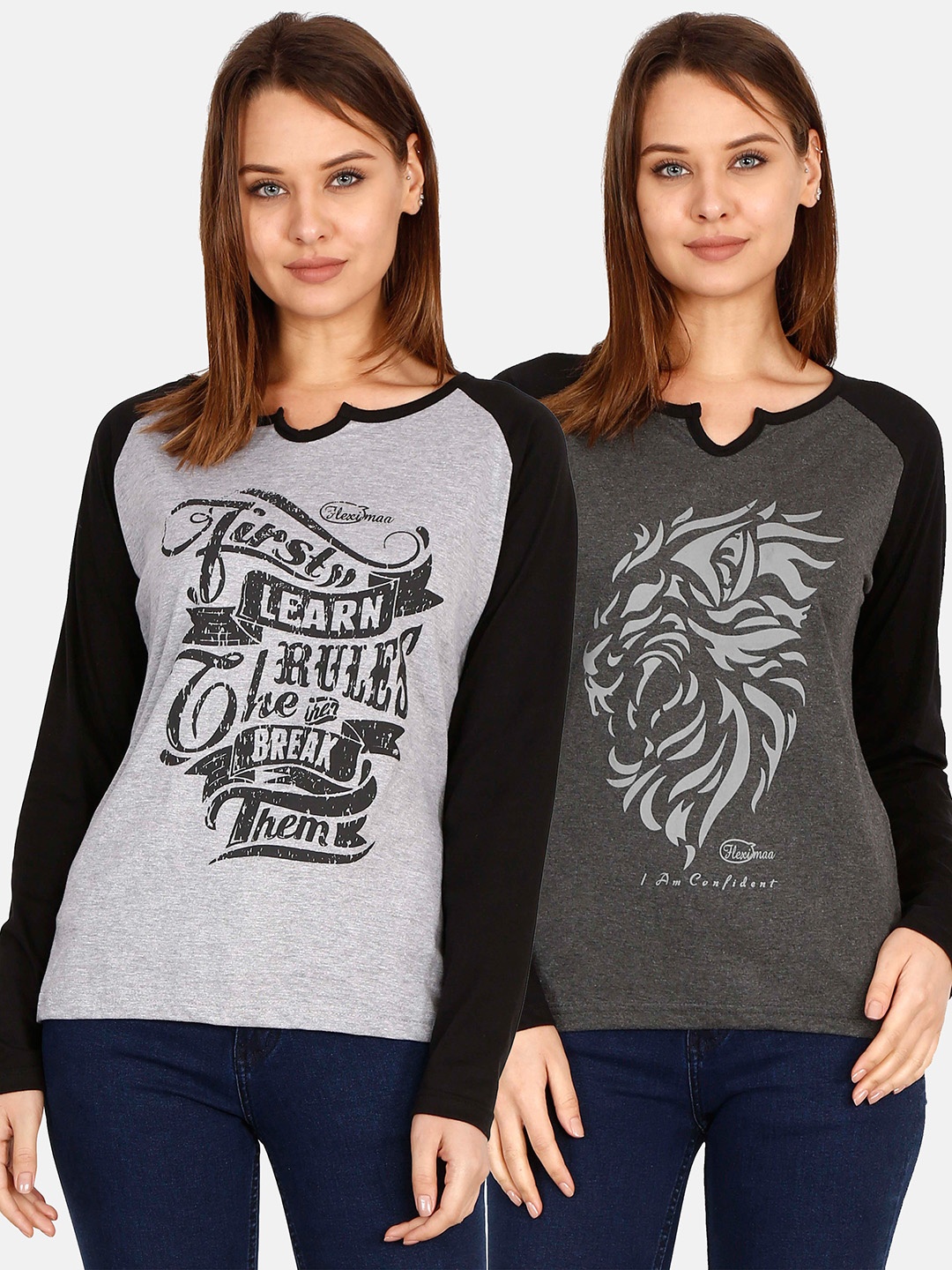 

Fleximaa Women Grey & Black Typography Set Of 2 Printed T-shirt
