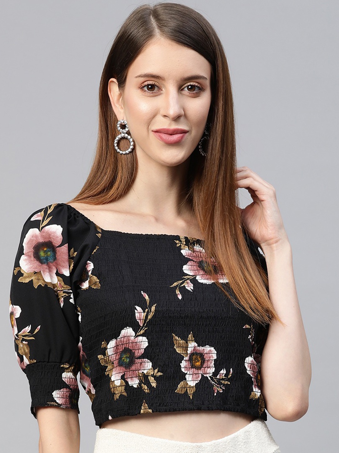 

SIRIKIT Black Floral Print Smocked Crepe Crop Top