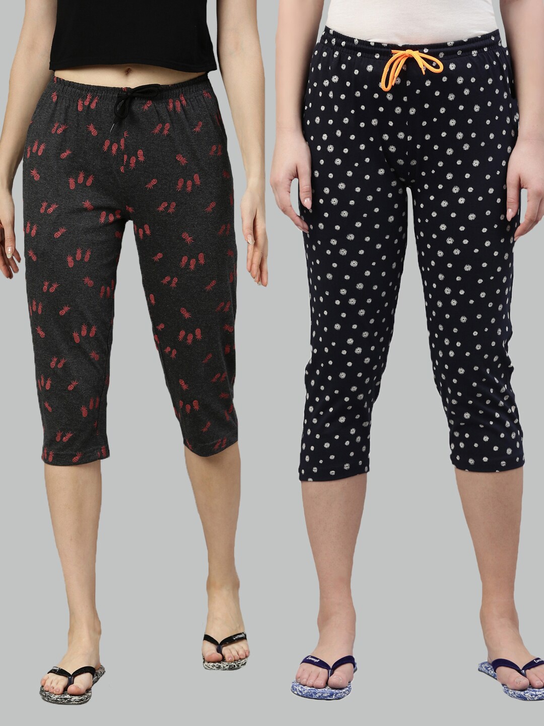 

Kryptic Women Pack of 2 Grey & Navy Blue Printed Pure Cotton Capris