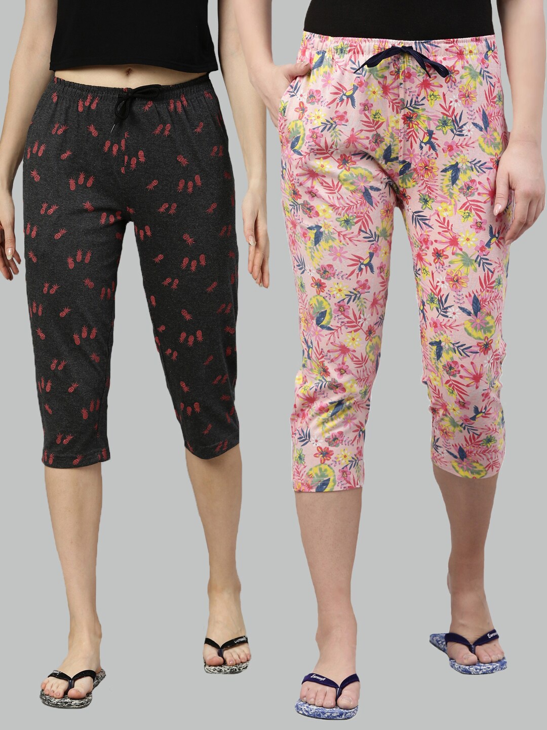 

Kryptic Women Grey & Pink Pack Of 2 Printed Pure Cotton Capris