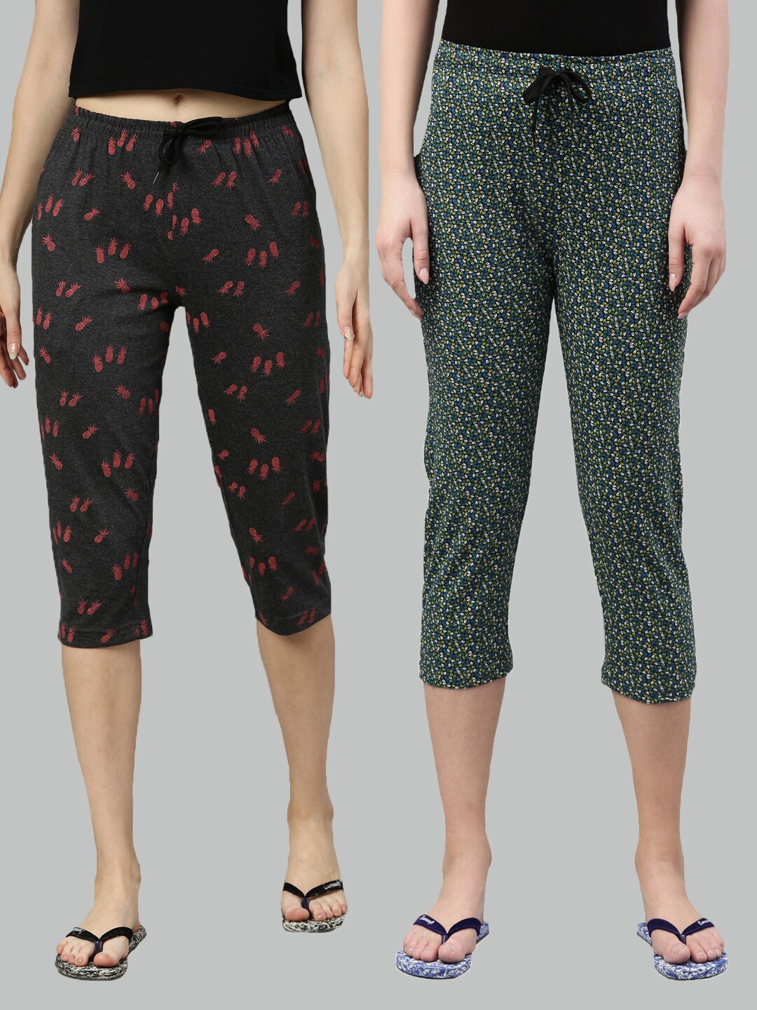 

Kryptic Women Pack of 2 Grey Melange & Green Printed Capris