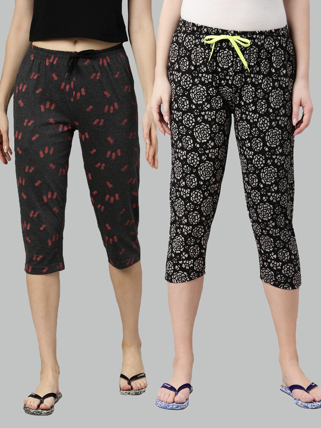 

Kryptic Women Grey & Black Set Of 2 Printed Cotton Capris