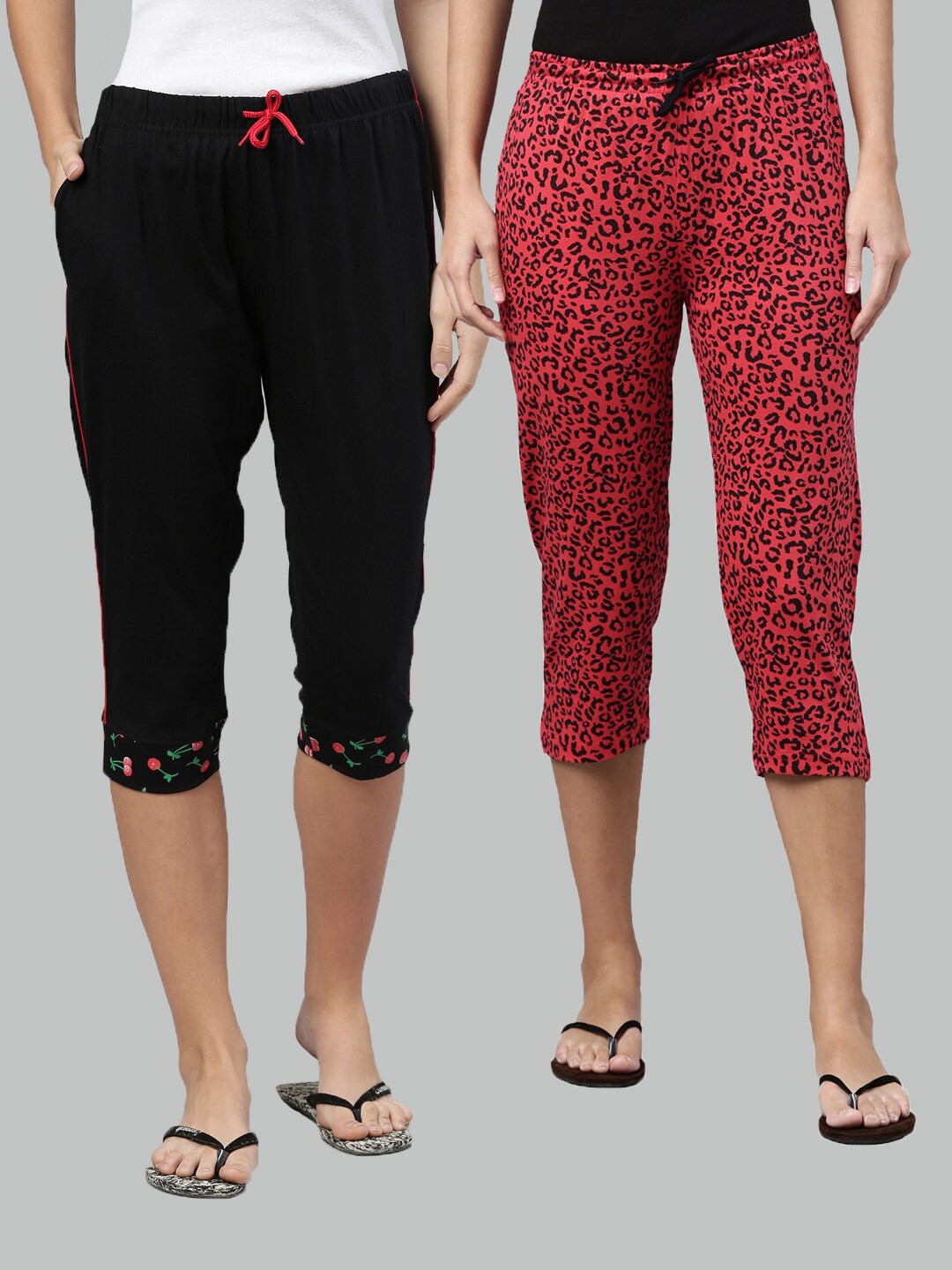 

Kryptic Women Black & Fuchsia Set of 2 Printed Cotton Capris