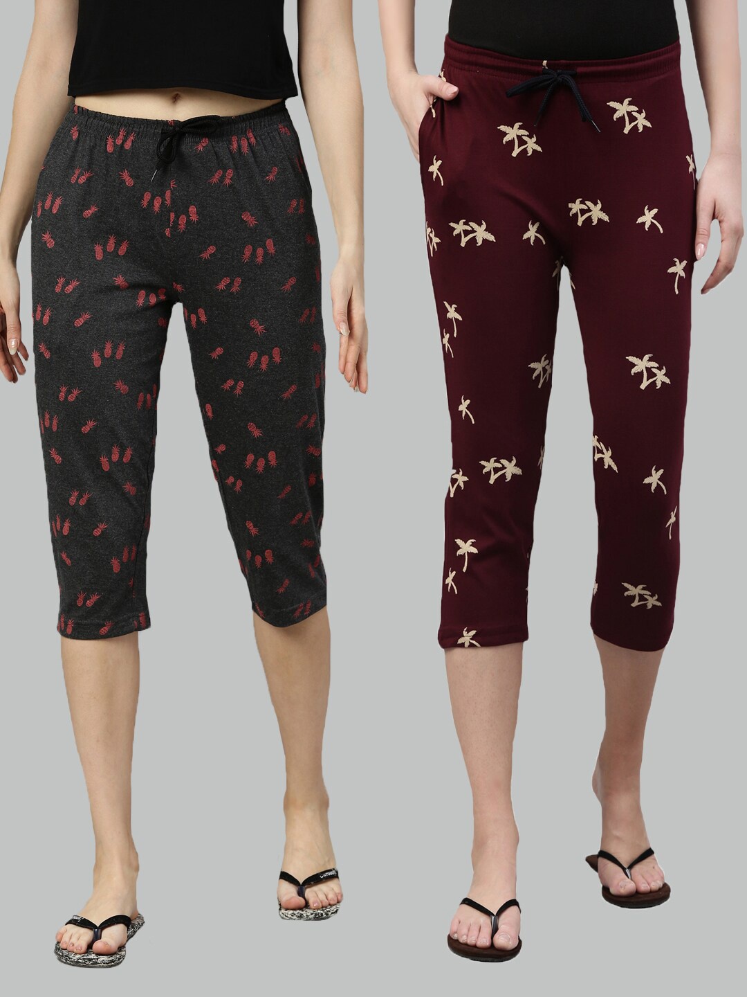 

Kryptic Women Pack Of 2 Grey & Maroon Printed Pure Cotton Capris