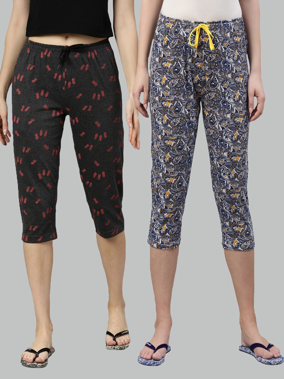 

Kryptic Women Pack of 2 Grey & White Printed Pure Cotton Capris