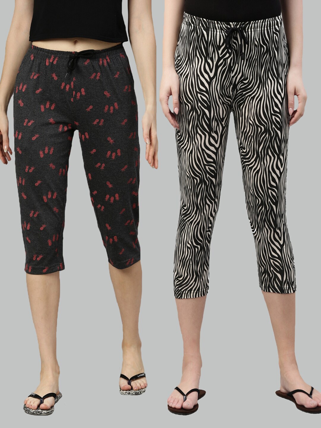

Kryptic Women Pack of 2 Charcoal Grey & Black Printed Pure Cotton Capris