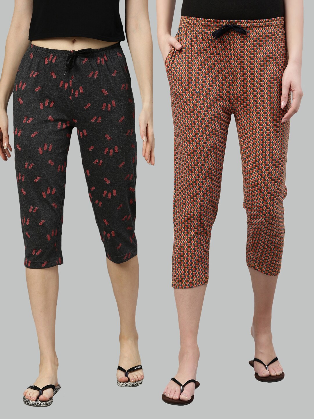 

Kryptic Women Grey & Mustard Pack Of 2 Printed Pure Cotton Capris