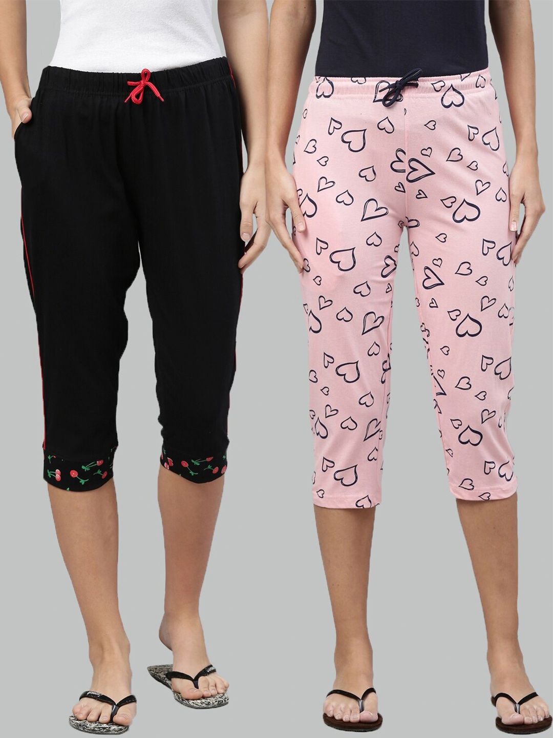 

Kryptic Women Black & Rose Set of 2 Printed Cotton Capris