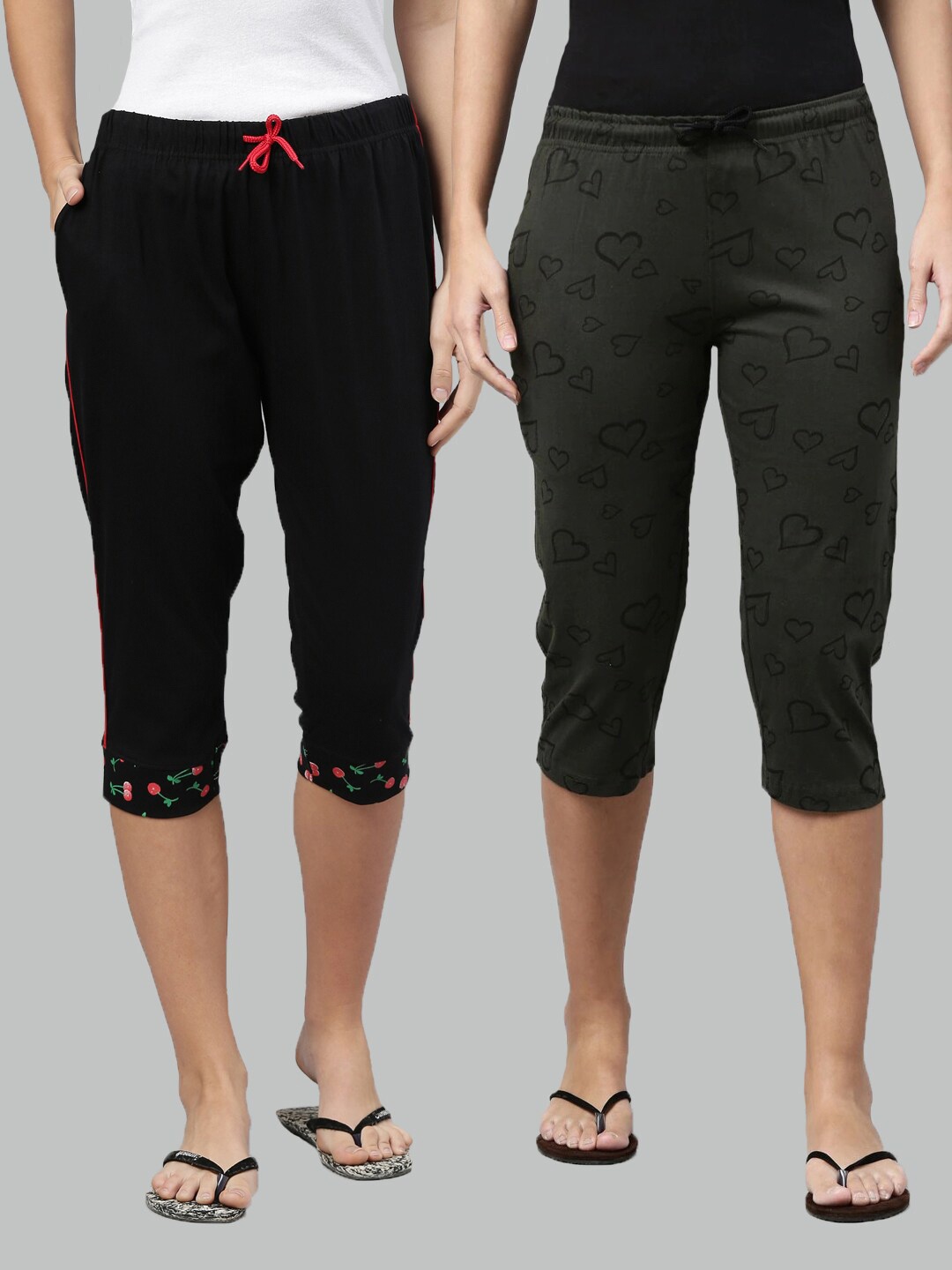 

Kryptic Women Pack Of 2 Black & Olive Green Printed Pure Cotton Capris