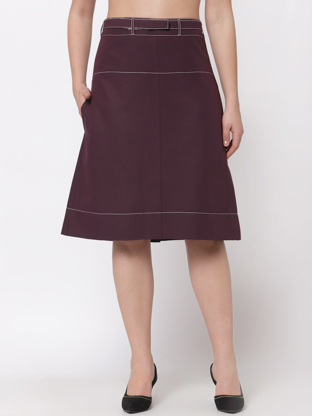 

OFFICE & YOU Women Burgundy Solid Flared Skirt