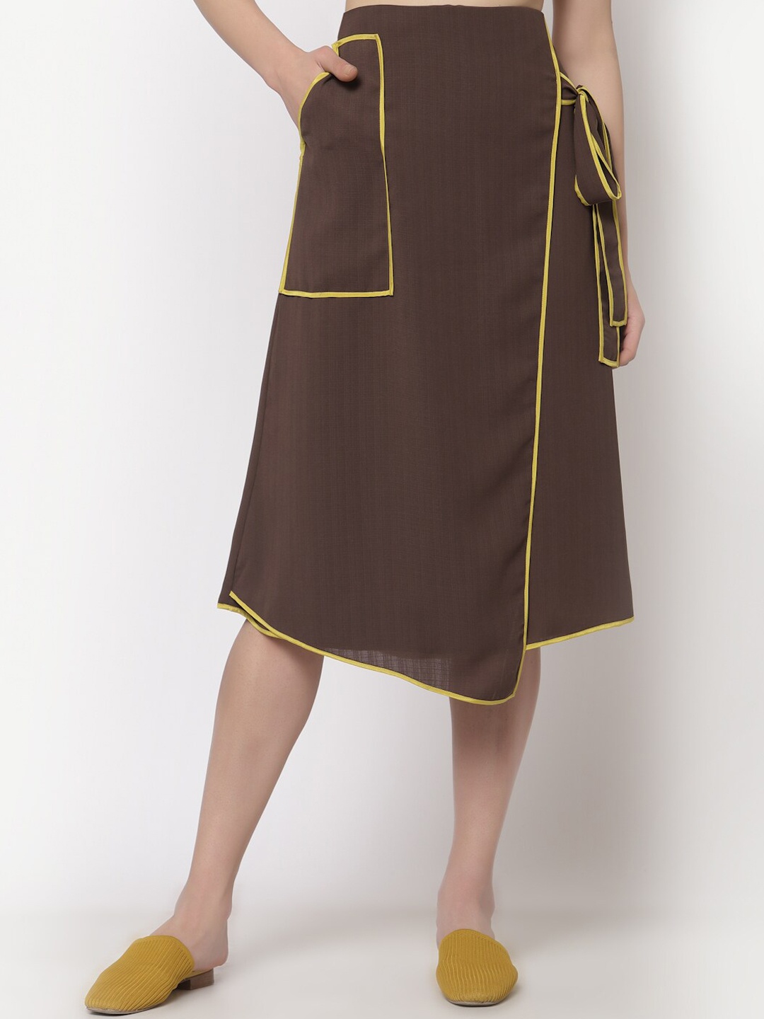 

OFFICE & YOU Women Brown Solid A-Line Asymmetric Midi Skirt