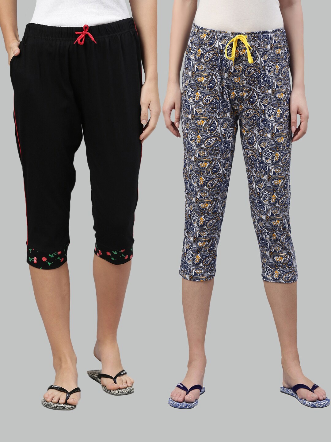 

Kryptic Women Pack of 2 Black & White Printed Pure Cotton Capris