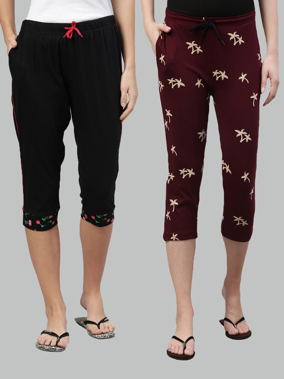 

Kryptic Women Black & Maroon Set of 2 Printed Cotton Capris