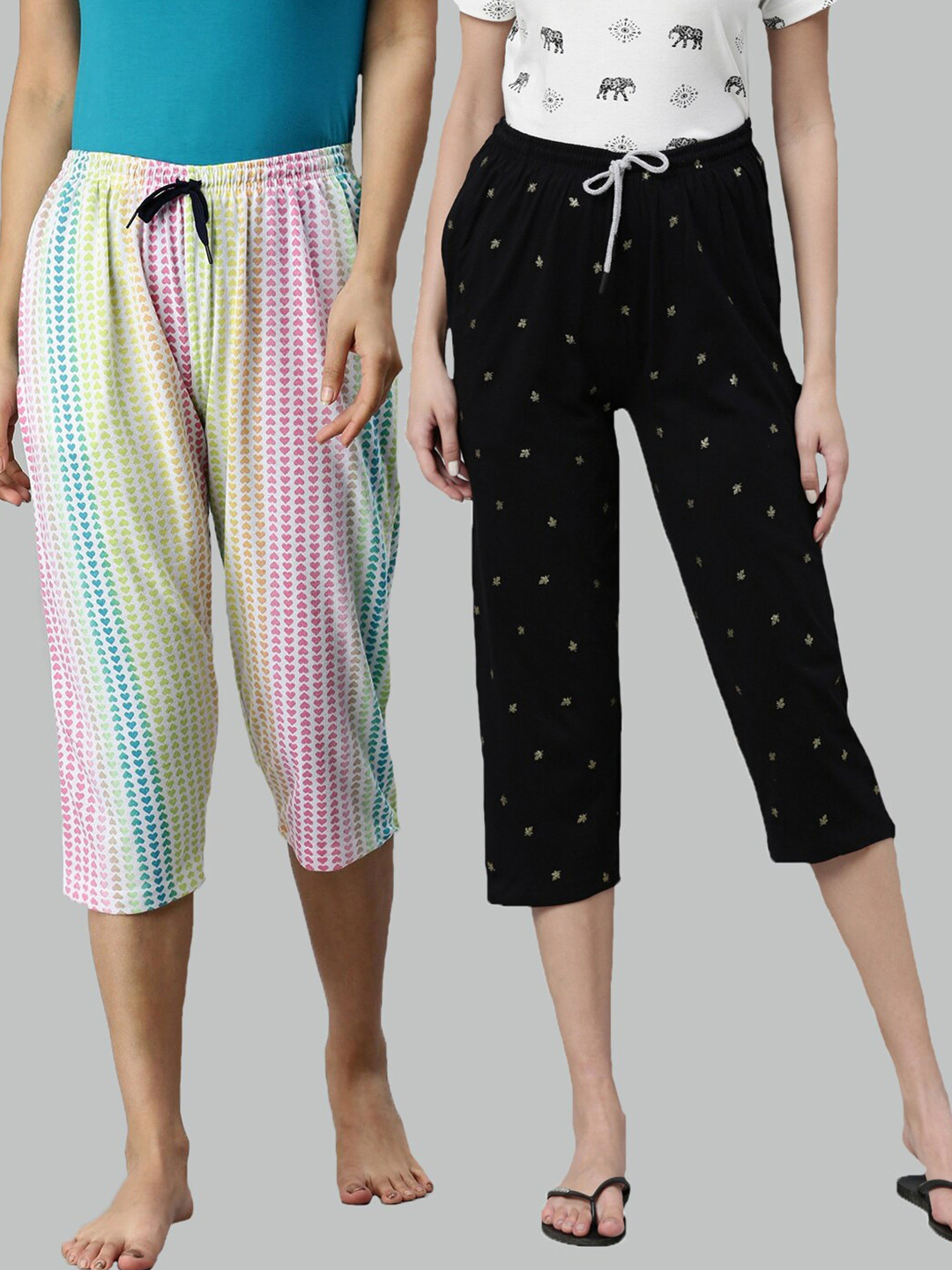 

Kryptic Women Black & Pink Set Of 2 Printed Cotton Capris