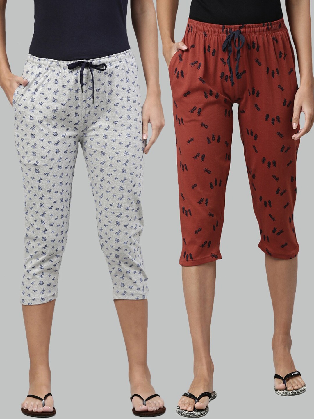 

Kryptic Women Grey Melange & Red Pack Of 2 Printed Pure Cotton Capris