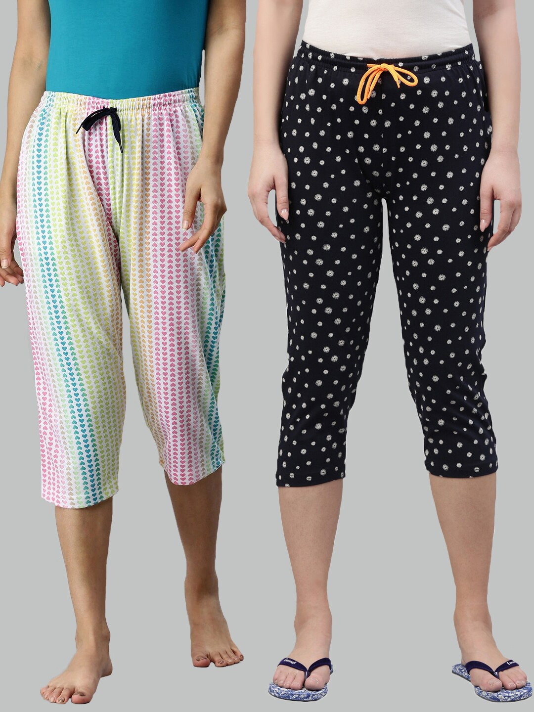 

Kryptic Women Pack Of 2 Yellow & Navy Blue Printed Cotton Capris