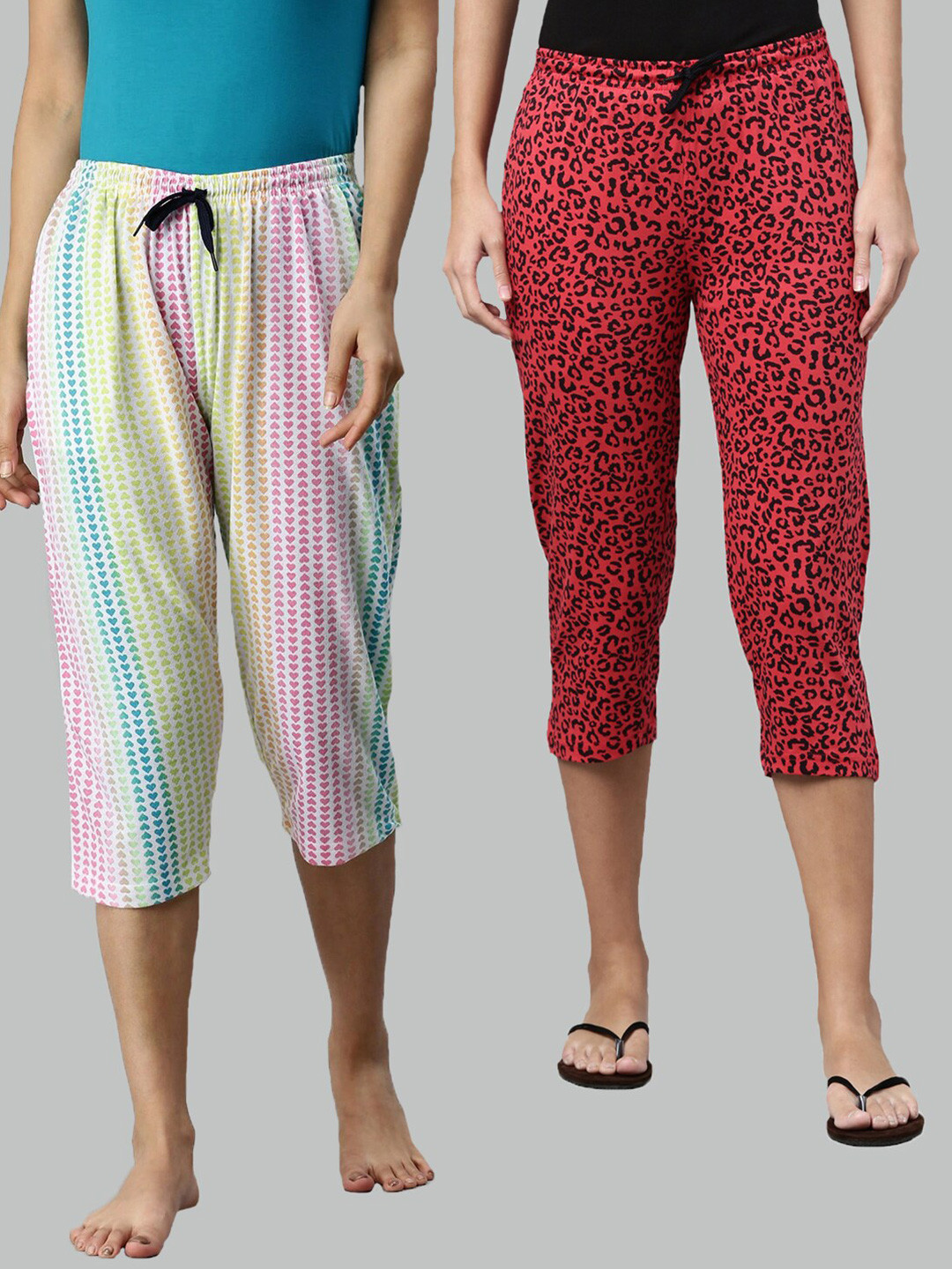 

Kryptic Women White & Red Set Of 2 Printed Cotton Capris