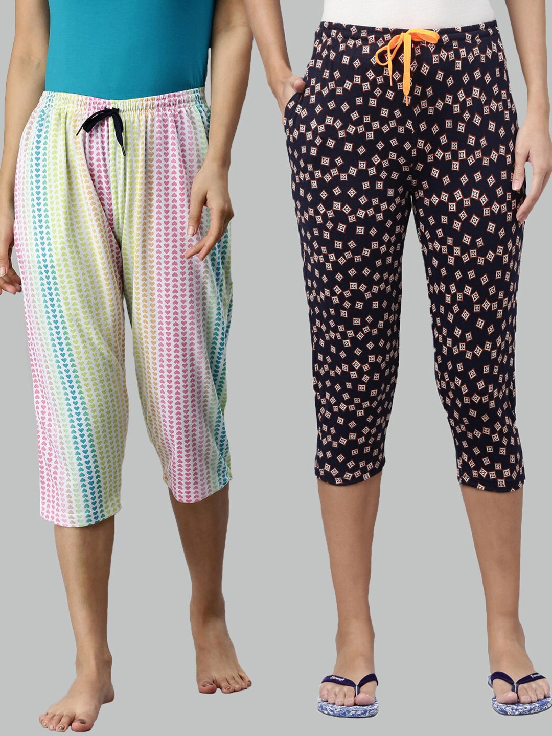 

Kryptic Women Yellow & Pink Pack Of 2 Printed Pure Cotton Capris