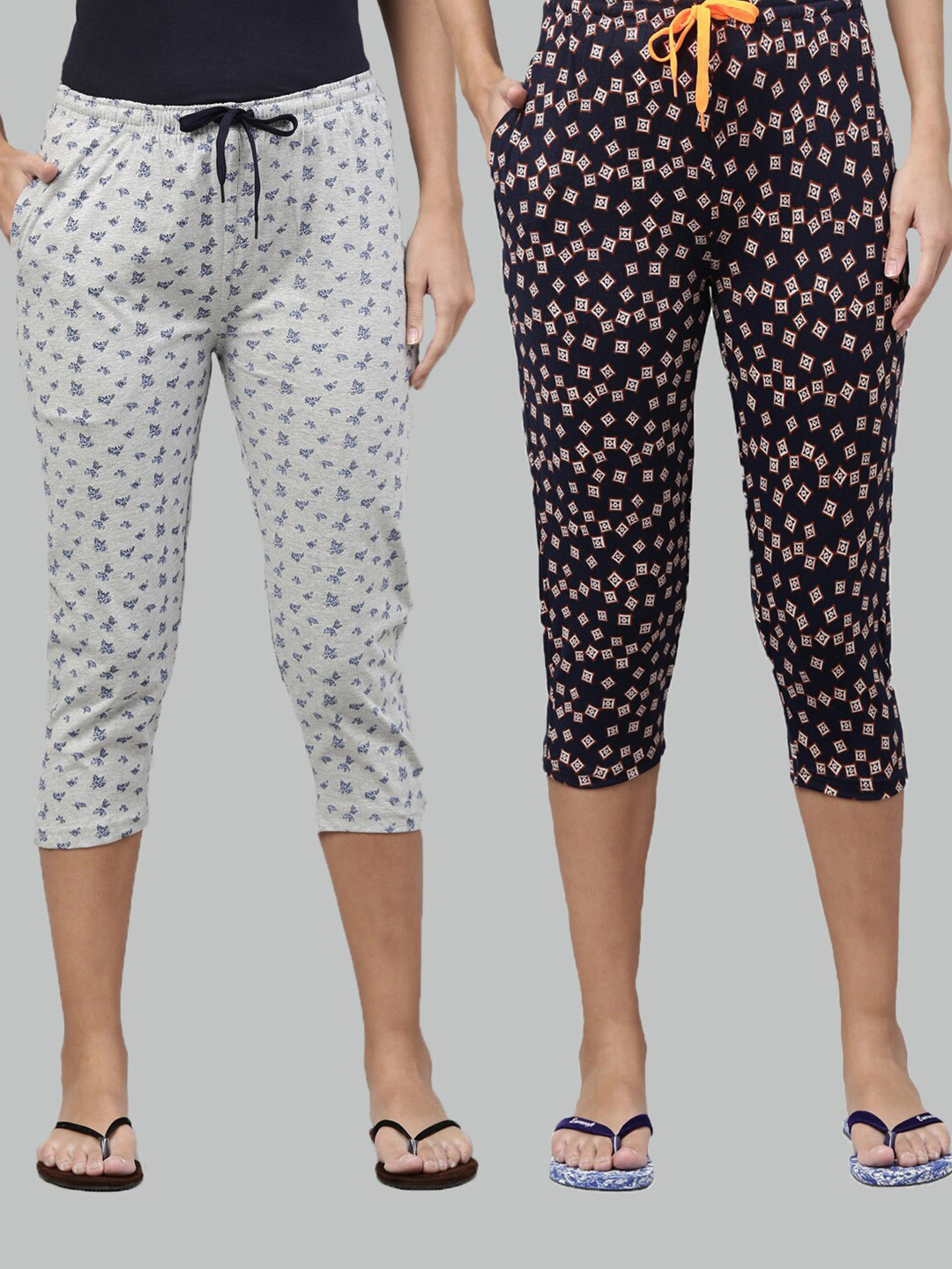 

Kryptic Women Grey Melange & Black Set Of 2 Printed Cotton Capris