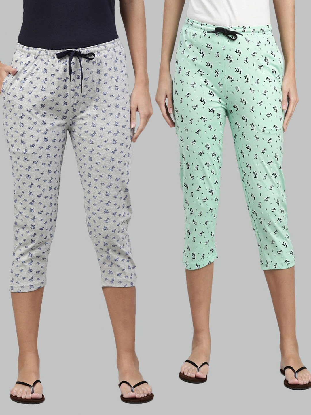 

Kryptic Women Grey Melange & Green Printed Pure Cotton Capris Pack Of 2