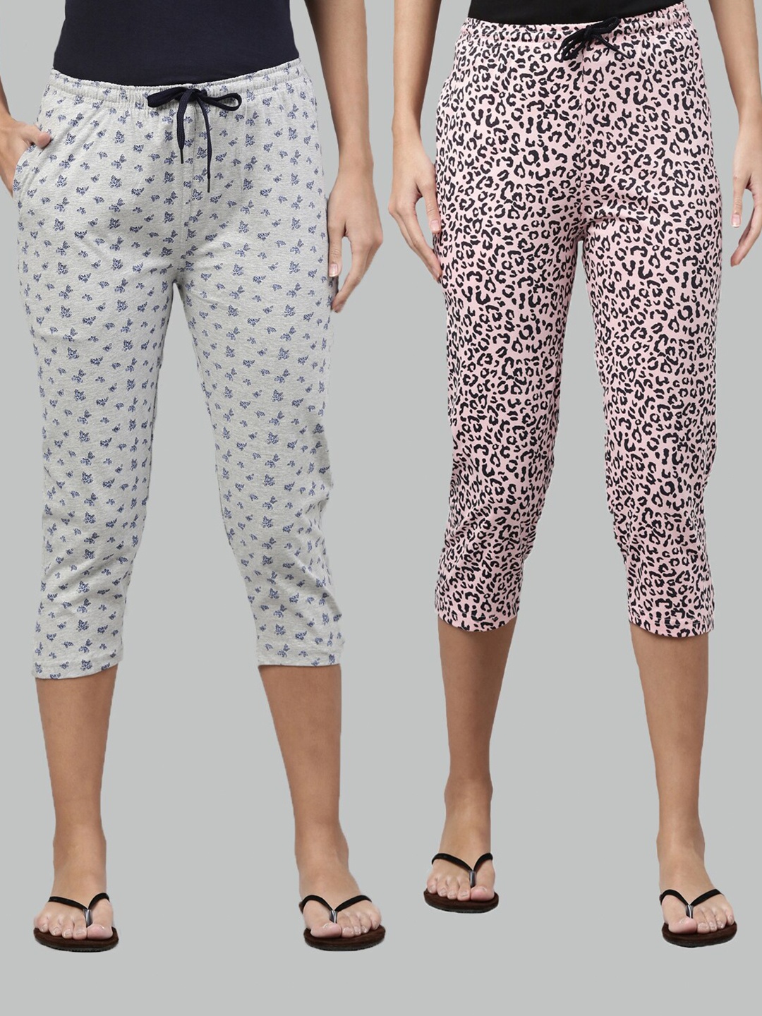 

Kryptic Women Pack of 2 Grey Melange & Pink Printed Pure Cotton Lounge Capris