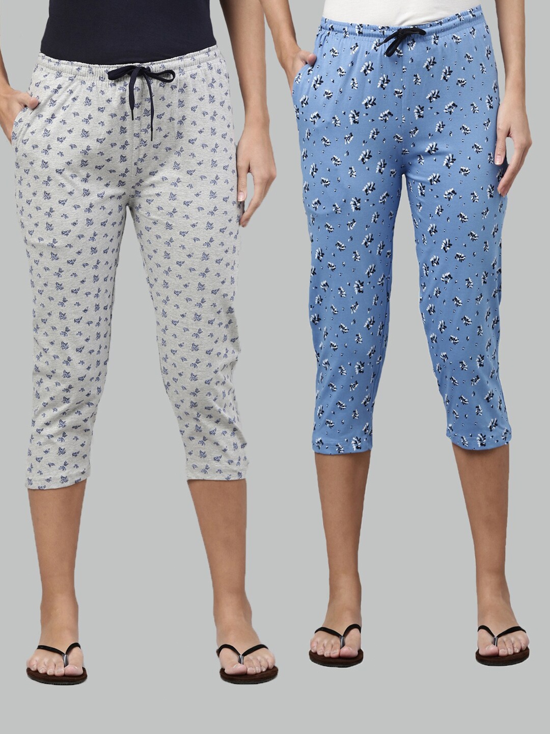 

Kryptic Women Pack of 2 Grey Melange & Blue Printed Pure Cotton Capris