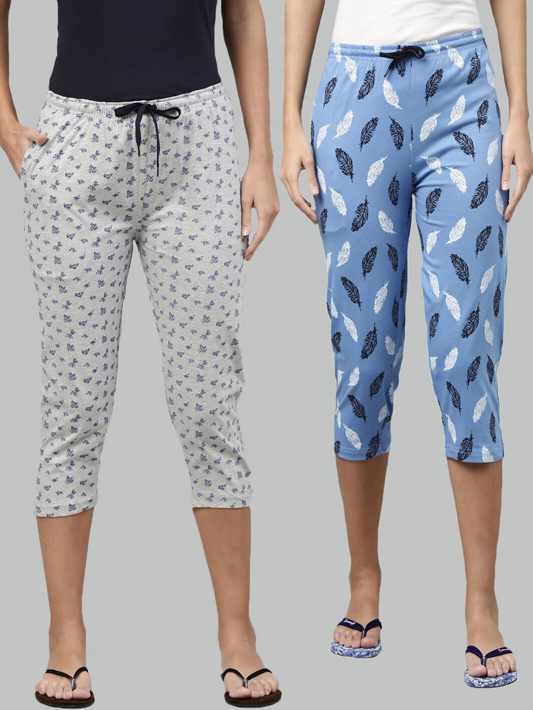 

Kryptic Women Pack of 2 Grey Melange & Blue Printed Cotton Capris
