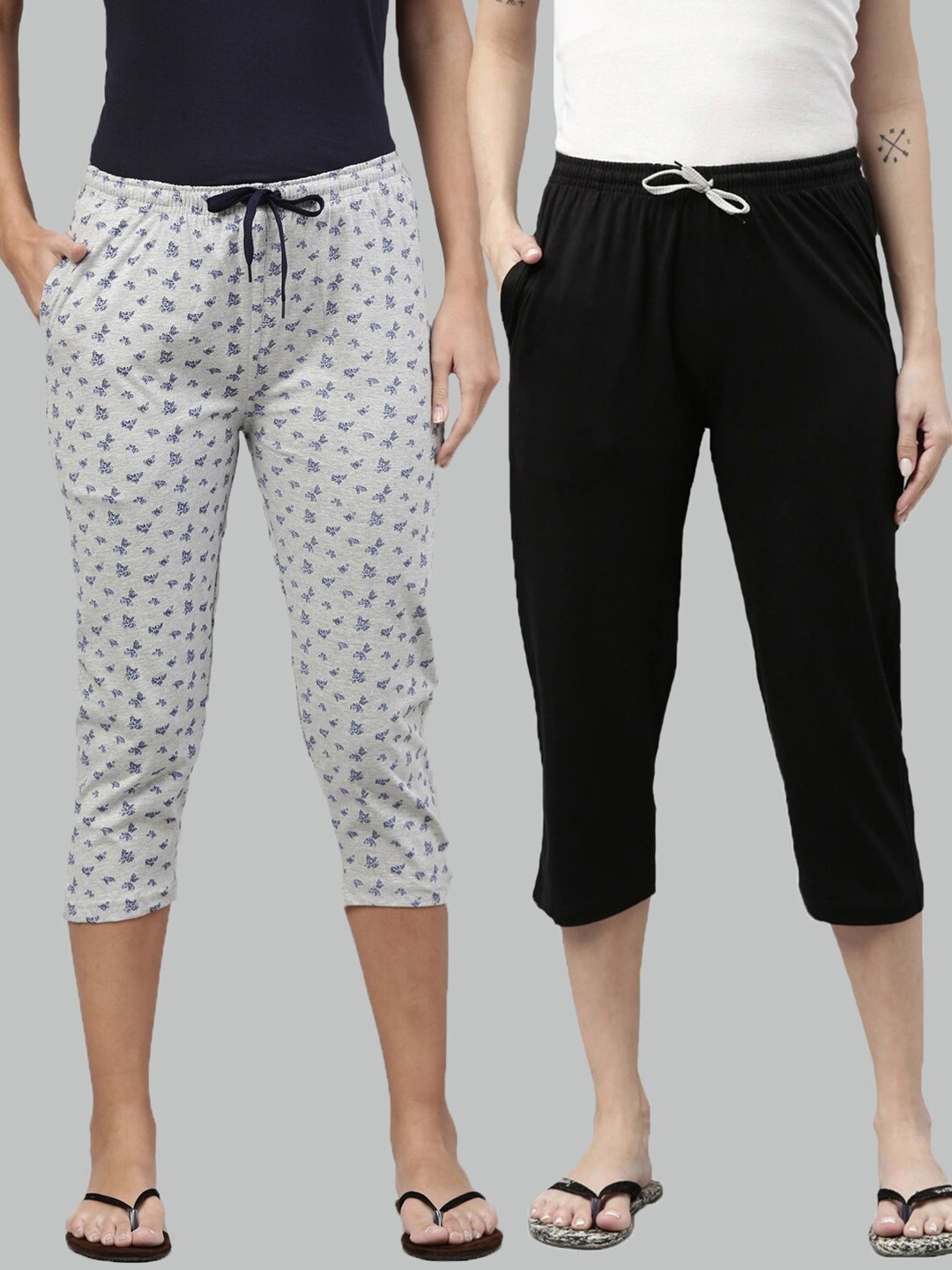 

Kryptic Women Grey Melange & Black Set Of 2 Printed Cotton Capris