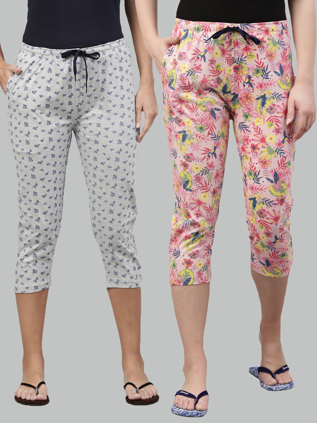 

Kryptic Women Pack of 2 Grey Melange & Pink Printed Cotton Capris