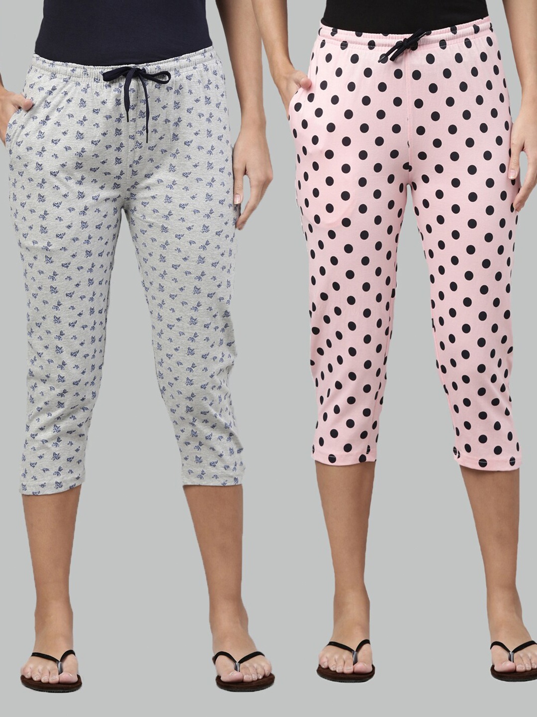 

Kryptic Women Grey Melange & Rose Pack Of 2 Printed Pure Cotton Capris