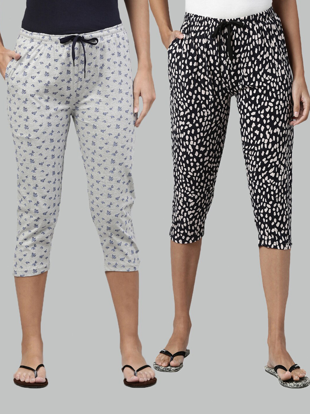 

Kryptic Women Pack of 2 Grey Melange & Navy Blue Printed Capris