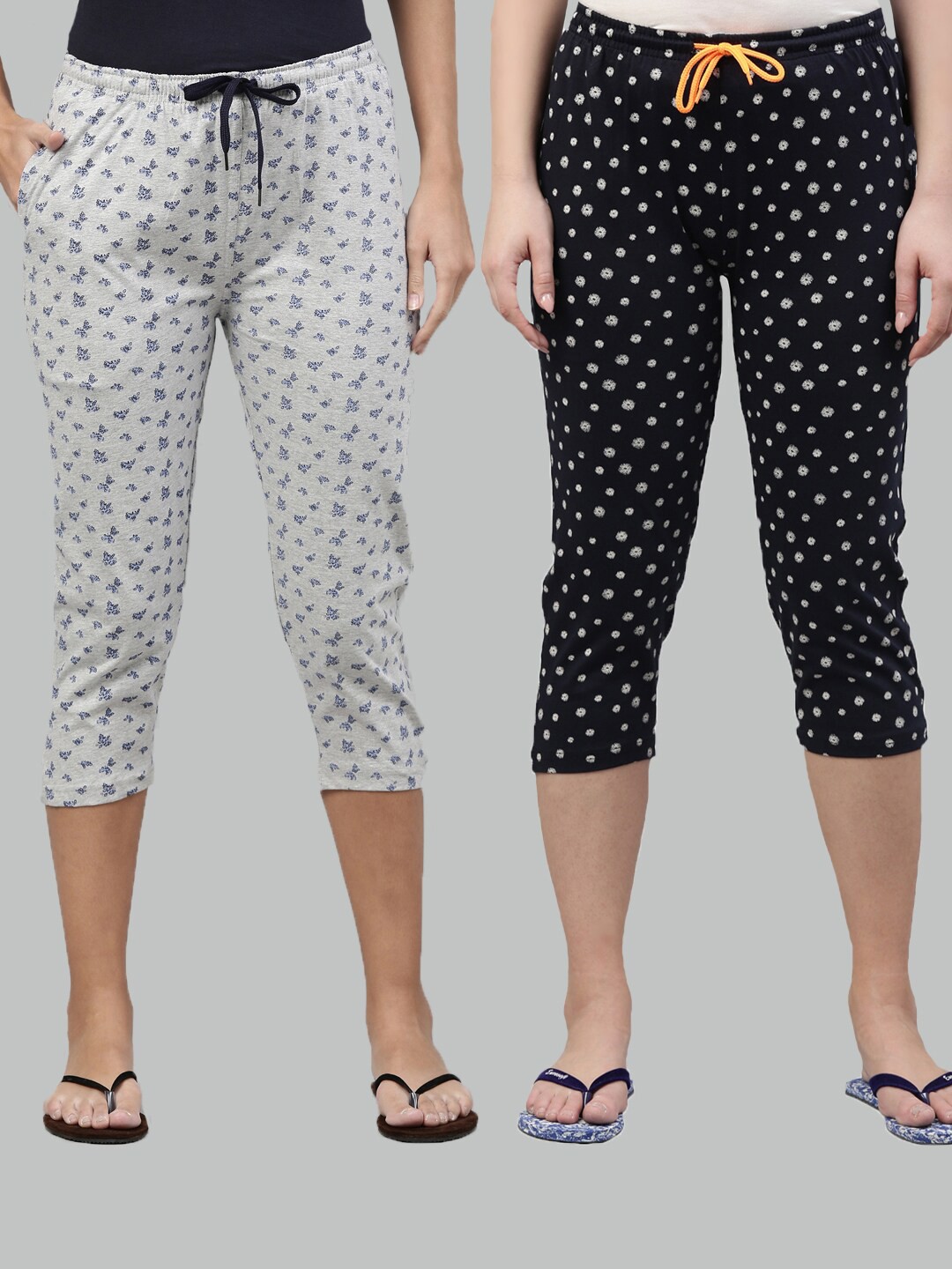 

Kryptic Women Grey Melange & Black Set of 2 Printed Cotton Capris