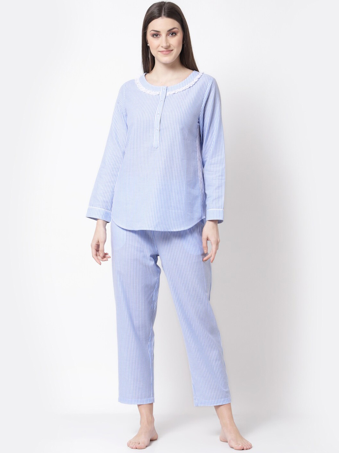 

BLANC9 Women Blue & White Striped Pure Cotton Night suit