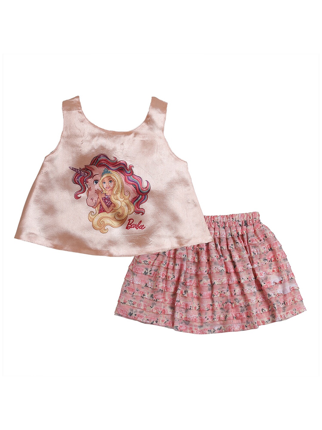 

Barbie by Many Frocks & Girls Peach-Coloured Checked Top with Skirt