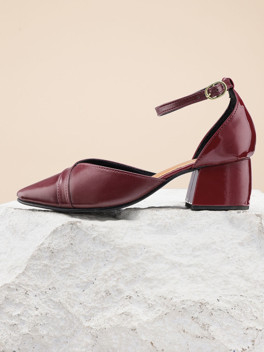 

her by invictus Burgundy Solid Mid-Top Block Mules with Cut-Out Detail