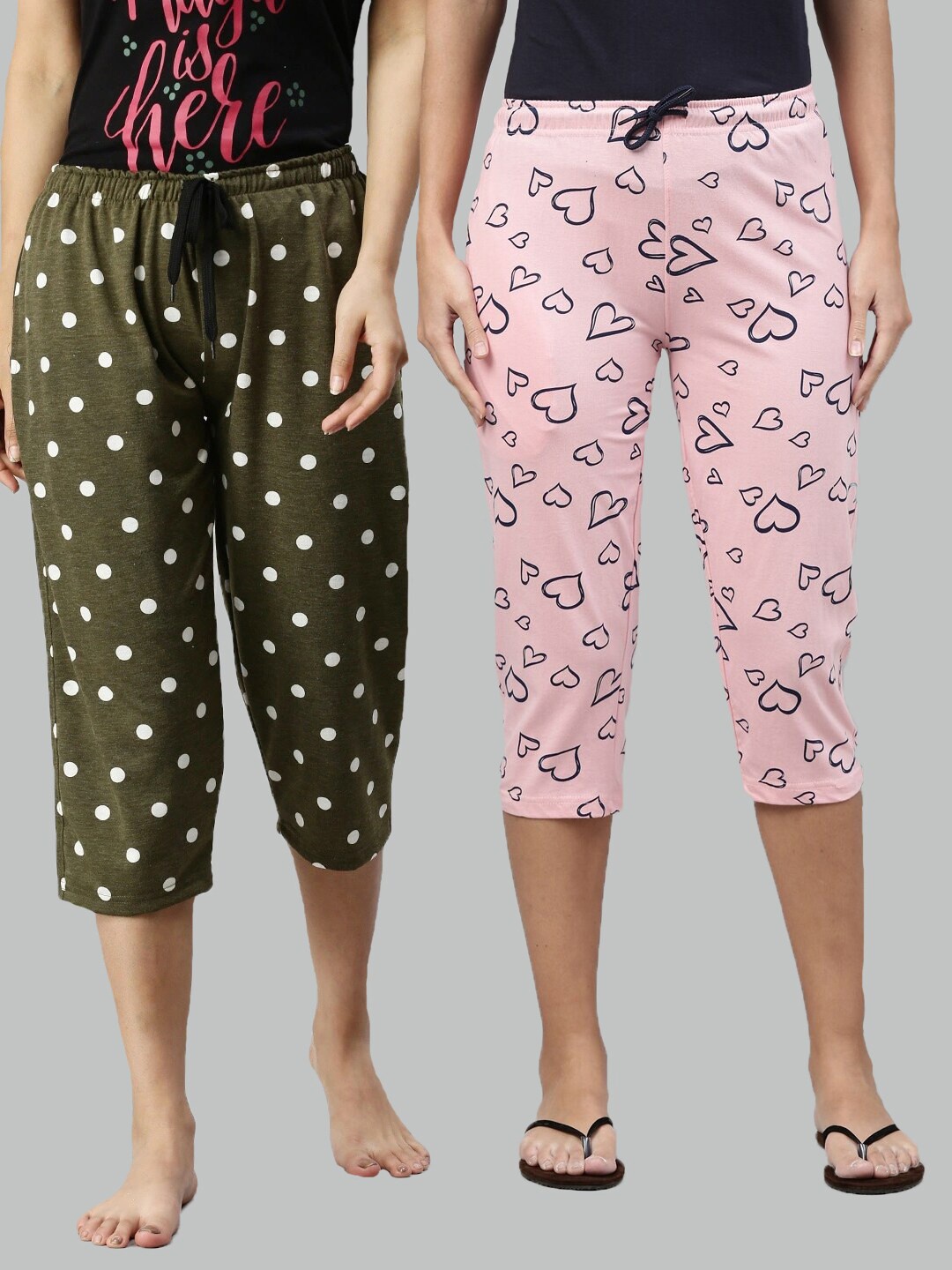 

Kryptic Women Set Of 2 Green & Pink Regular Fit Printed Cotton Capris