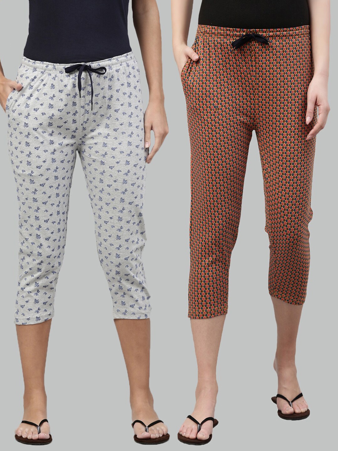 

Kryptic Women Pack of 2 Grey Melange & Brown Printed Pure Cotton Capris