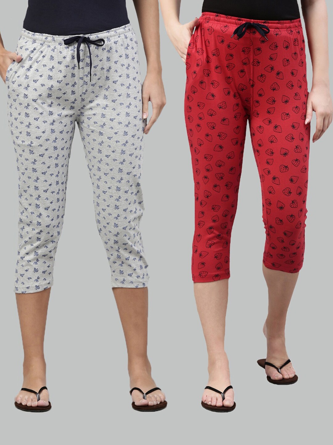 

Kryptic Women Grey & Red Set Of 2 Printed Cotton Capris, Grey melange