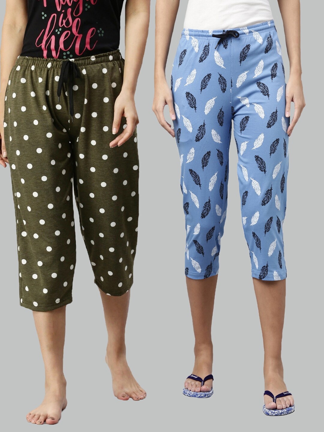 

Kryptic Women Olive Green & Blue Set of 2 Printed Cotton Capris