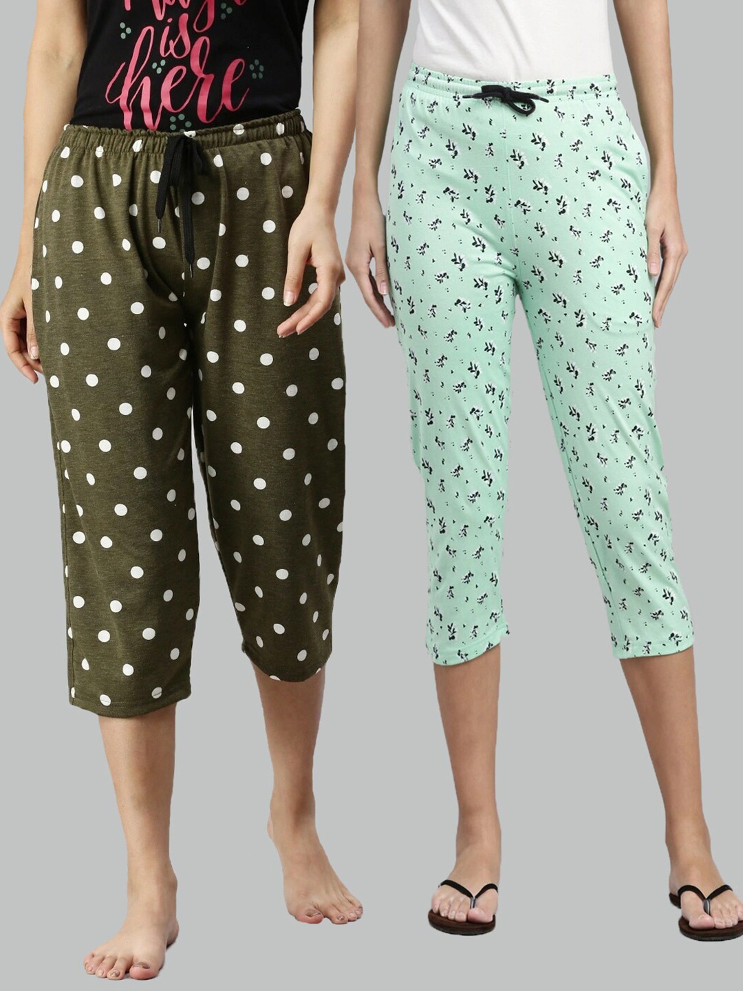 

Kryptic Women Pack Of 2 Green & White Printed Cotton Capris